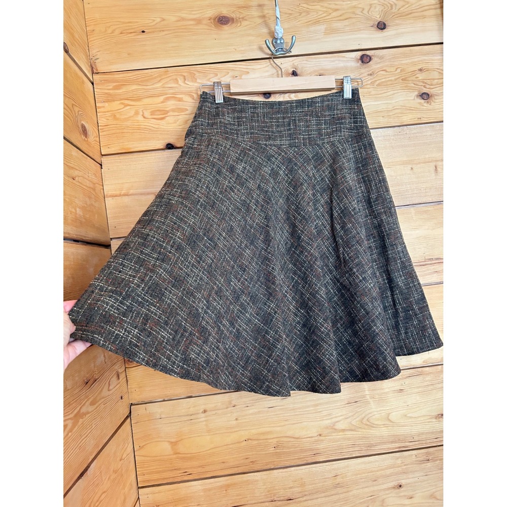 Vintage Wool Tweed Skirt Women Small Brown Gray Plaid A-Line Flare Drop Waist